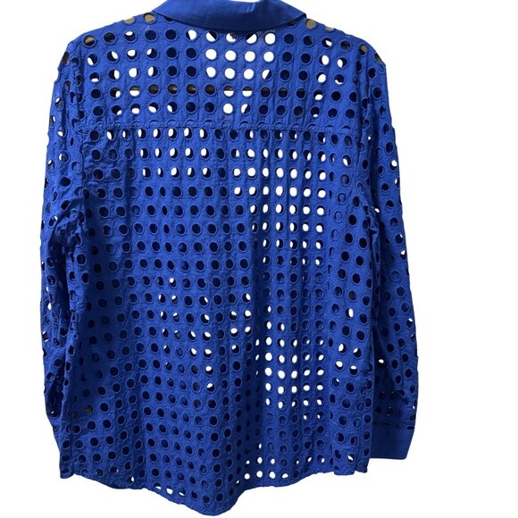 Simply Vera Vera Wang Blue Eyelet Long Sleeve Button-Up Shirt Sz L Sheer - Picture 8 of 10